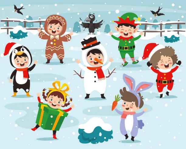 Vector illustration of Children Wearing Costumes In Christmas Theme