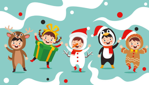 illustrations, cliparts, dessins animés et icônes de enfants portant des costumes dans le thème de noël - christmas child friendship little boys