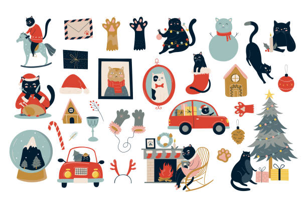 크리스마스를 축하하는 검은 고양이의 번들. 홈 장식, 화환, 선물, 촛불, 크리스마스 트리와 자동차세트 새해 - cat box stock illustrations