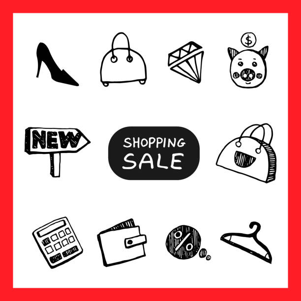 ilustrações de stock, clip art, desenhos animados e ícones de doodle set of sale and shopping - calculator isolated white background mathematical symbol