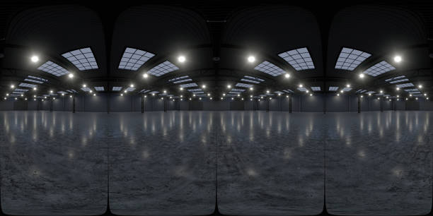 istock Full spherical panorama 360 degrees of empty exhibition space. backdrop for exhibitions and events. Tile floor. Marketing mock up. 3D render illustration 1356632467