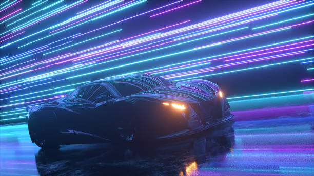 futuristisches konzept. sportwagen auf dem hintergrund leuchtender neonlinien. blau lila farbe. 3d-illustration - sportwagen stock-fotos und bilder