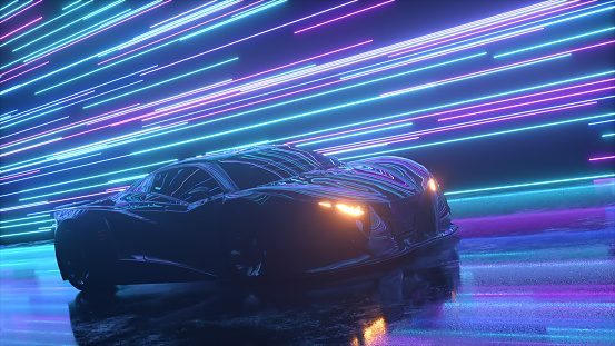 Futuristic concept. Sports car on the background of glowing neon lines. Blue purple color. 3d Illustration