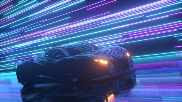 futuristic concept. sports car on the background of glowing neon lines. blue purple color. 3d illustration - video game flash imagens e fotografias de stock