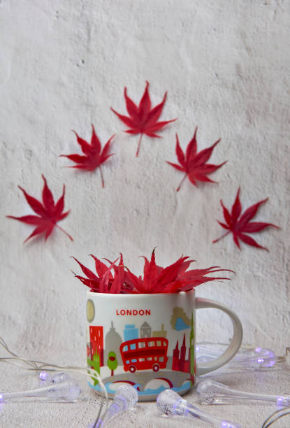 Red maple leaves in a mug with flying leaves on background.