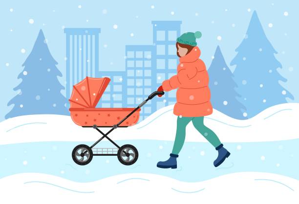 Winter walk of young mother with baby stroller. Woman in winter outerwear pushing pram for newborn, carriage for little child. Snowy weather. Vector flat illustration Winter walk of young mother with baby stroller. Woman in winter outerwear pushing pram for newborn, carriage for little child. Snowy weather. Vector flat illustration. baby stroller winter stock illustrations