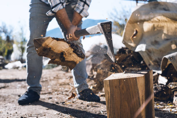 Lumberjack Chopping Wood Strong man chopping wood with an axe. axe stump stock pictures, royalty-free photos & images