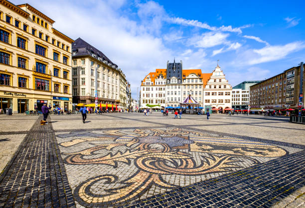 Leipzig, Germany - September 16: historic buildings at the market place in the old town of Leipzig on September 16, 2021