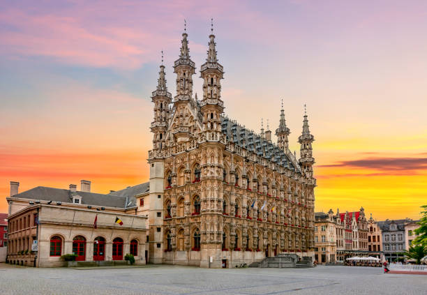 Town Hall in center of Leuven at sunset, Belgium stock photo