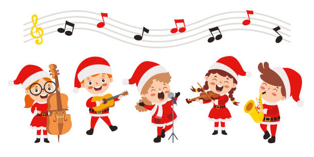 kinder musizieren im weihnachtskostüm - note to santa stock-grafiken, -clipart, -cartoons und -symbole