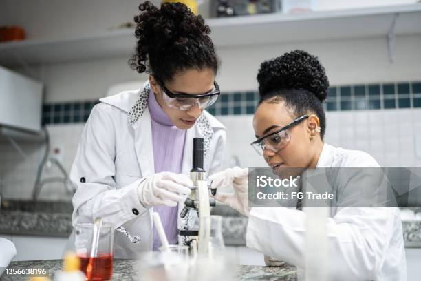 Teenage student using the microscope in the laboratory