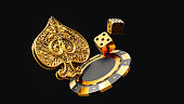 Play card icon, traditional embroidery play card symbols, poker chip, dices and ace. Black and golden isolated on the dark background.  Casino game gambling concept, poker mobile app 3d rendering