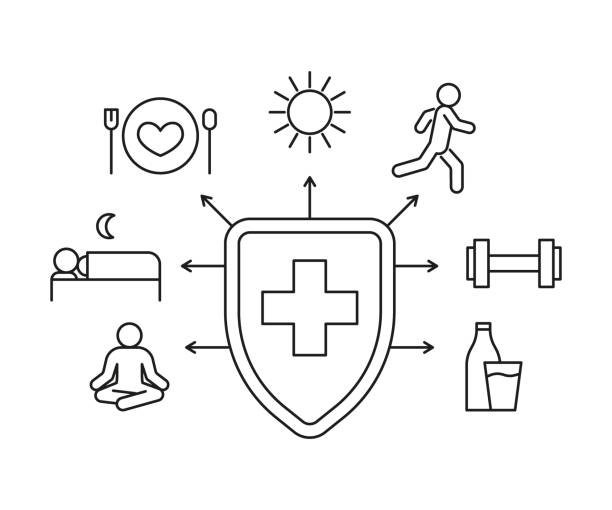 保護免疫システムは、健康と免疫の兆候を維持します。便利な習慣やライフスタイル。あなたの健康の世話をします。ベクトル線の図 - immune defence点のイラスト素材／クリップアート素材／マンガ素材／アイコン素材