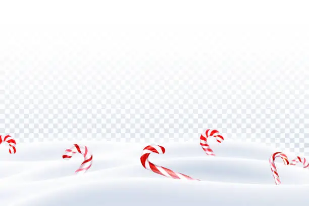 Vector illustration of Christmas candy canes on snowy background.