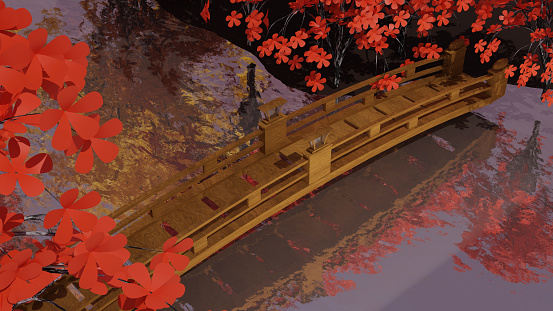 A brown wooden bridge in an autumn season with color changing of leaf to red, yellow leaf (3D Rendering)