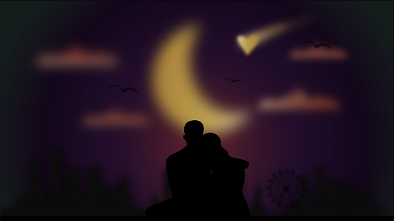 Illustrated background of two lovers who enjoy the moonlight . Valentines day backgrund. Love background