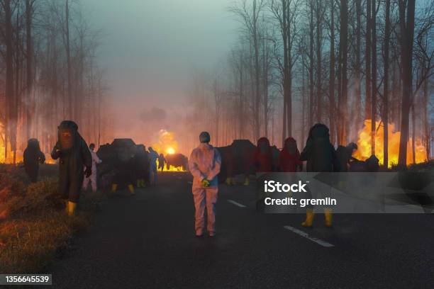 Environmental Disaster With Hazmat Team Cleaning Up Stock Photo - Download Image Now