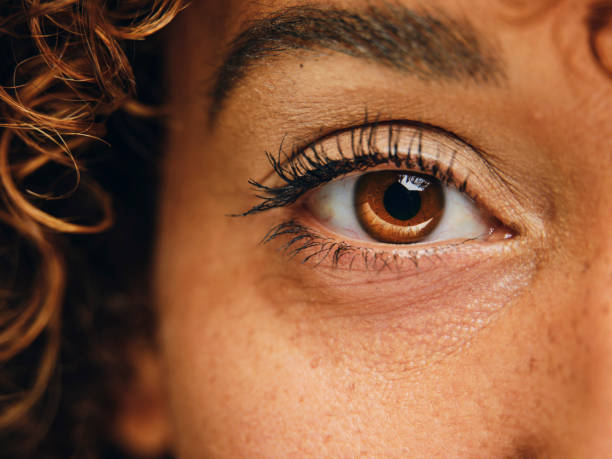 macro closeup of a woman's eye - sensory perception eyeball human eye eyesight imagens e fotografias de stock