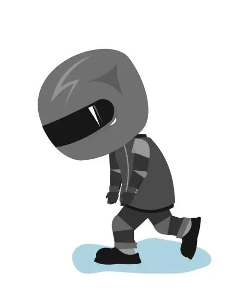 Vector illustration of Motorcyclist in a black jacket and helmet. Biker uniform. Goes sad, comes back. Cartoon style. Funny character. Flat design. Isolated on background. Vector