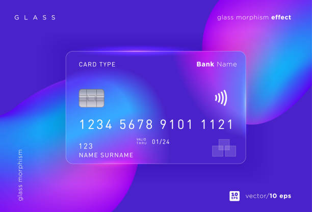 Translucent bank card, frosted glass and abstract shapes. Place for your text. Vector image in the glass morphism style. credit card stock illustrations