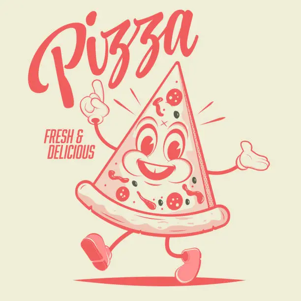 Vector illustration of funny walking cartoon pizza in retro style