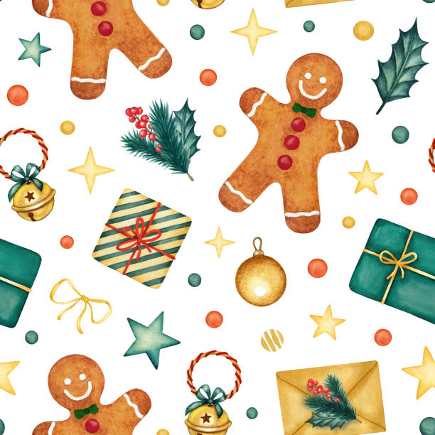 illustrazioni stock, clip art, cartoni animati e icone di tendenza di vacanza invernale acquerello senza cuciture pattern. decorazione dell'albero di natale, uomo di pan di zenzero, regali, lettera, agrifoglio, bacca, campana. sfondo disegnato a mano - holiday christmas backgrounds bell