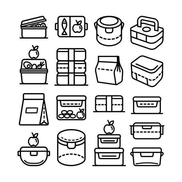 illustrazioni stock, clip art, cartoni animati e icone di tendenza di lunch box contorno icona grande set - merenda