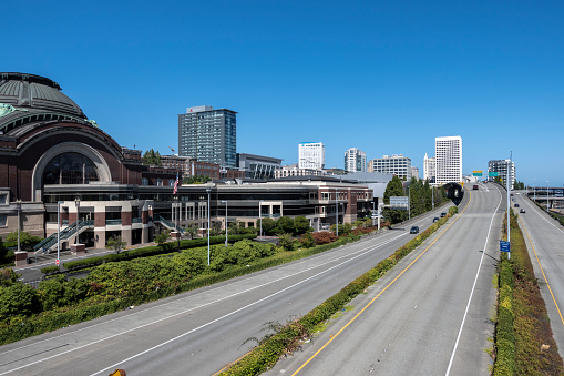 Tacoma, WA USA - circa August 2021: View of Union Station from behind, facing the railway system in downtown Tacoma.