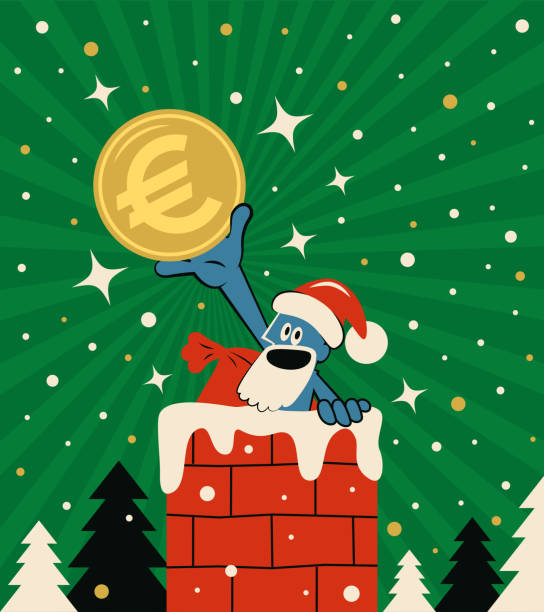 ilustrações, clipart, desenhos animados e ícones de papai noel bonito subindo uma chaminé e mostrando moeda da união europeia (moeda de sinal de euro) - european union coin illustrations