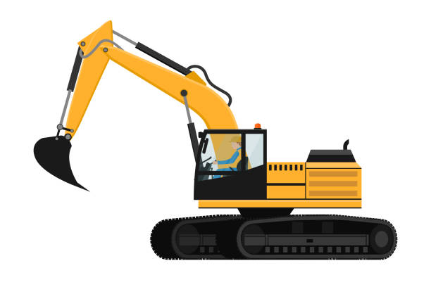 illustrazioni stock, clip art, cartoni animati e icone di tendenza di progettazione di escavatori cingolati con driver per macchinari pesanti - construction equipment earth mover hydraulic platform cylinder