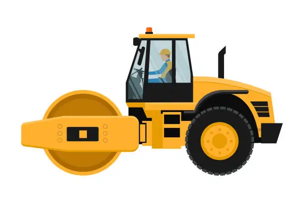 Vector illustration of Flattening roll design with heavy machinery driver