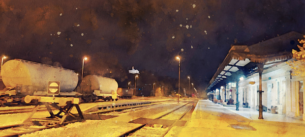 Watercolor painting effect on a photo of an empty railway station in the town Nova Gorica, Slovenia. Detail of railway station by night, illuminated by lanterns and Kostanjevica Church in the background. Watercolor effect on a photography.