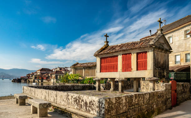 tipici granai della galizia a combarro sull'estuario di pontevedra, in spagna." r"n - galicia foto e immagini stock