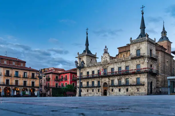 view of the main square (Plaza Mayor in spanish) in Leon, Spain."r"n