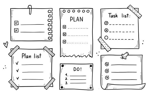 낙서 체크리스트 세트. 할 일, 작업 목록 - pattern document paper box stock illustrations