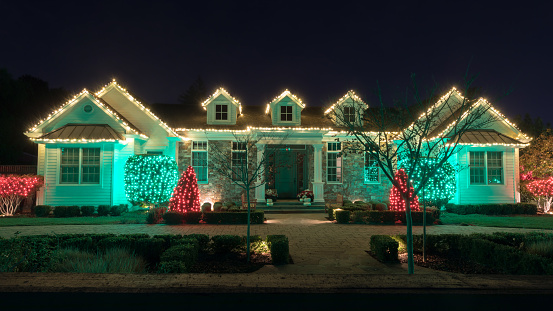 Los Altos - November 27, 2021: Christmas night lights decorating house