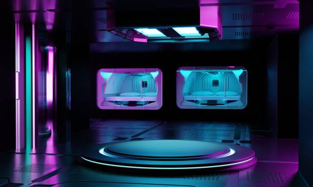 istock Inside spaceship laboratory interior architecture and empty podium for cyberpunk product presentation. Technology and Sci-fi concept. 3D illustration rendering 1356683082