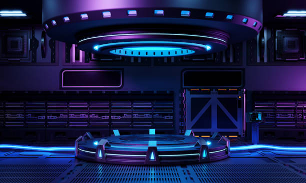 istock Inside spaceship laboratory interior architecture and empty podium for cyberpunk product presentation. Technology and Sci-fi concept. 3D illustration rendering 1356683119