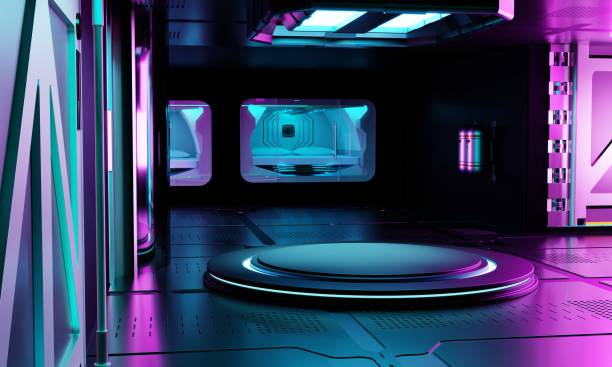 istock Inside spaceship laboratory interior architecture and empty podium for cyberpunk product presentation. Technology and Sci-fi concept. 3D illustration rendering 1356683200