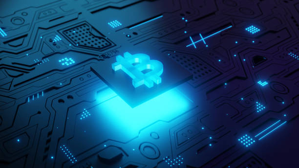 istock Blue Futuristic Bitcoin Symbol on Technology Motherboard Background, 3D Rendering of conceptual image 1356689866