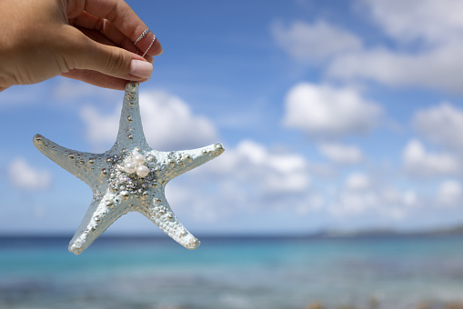 Female hand holding a decorative shiny starfish with pearls on the background of the seascape. Summer holidays concept.
