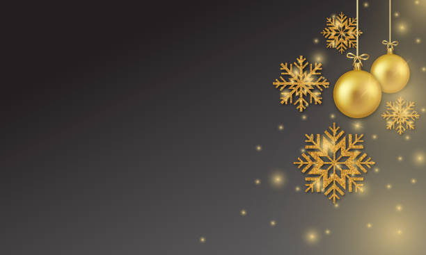 istock Gold Black background template with hanging Christmas ball and snowflakes 1356695934