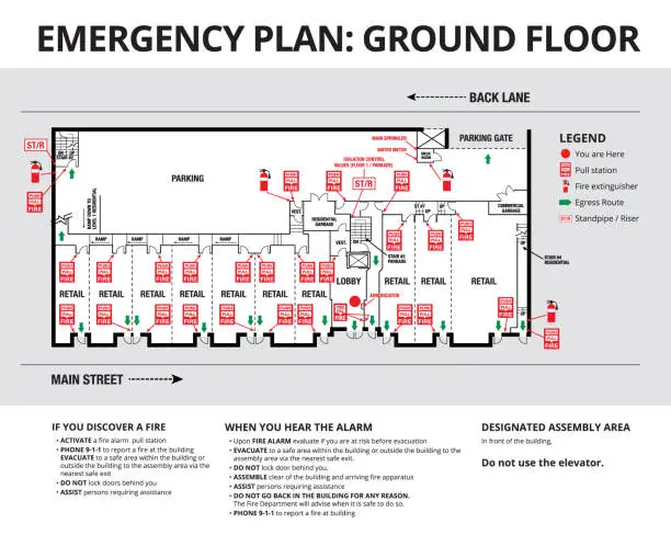 Vector illustration of Emergency plan or egress plan for building ground floor