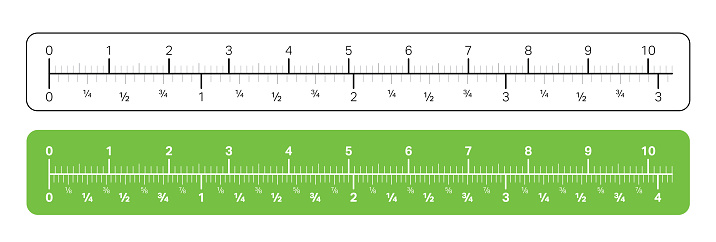 For carpenter, engineering and teaching. A white and green ruler with millimeter, inches and fractions.