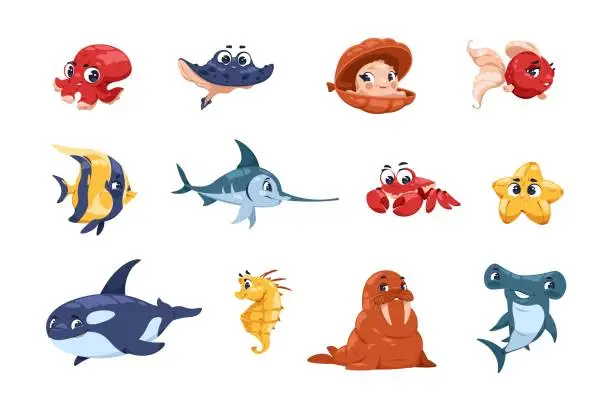 Vector illustration of Cartoon fish characters. Cute underwater animal mascots, big eyes and adorable faces, sea and ocean habitats for childrens illustration. Funny walrus and shark, vector isolated set