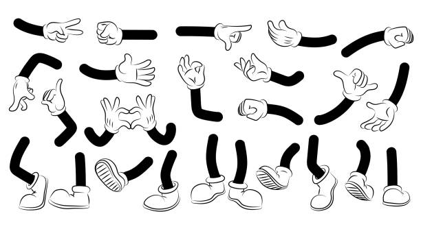 만화 팔과 다리. 낙서 인간의 신체 부분. 흰색 장갑과 부츠에 캐릭터 손과 발. 사지 클립아트 식 또는 제스처 컬렉션. 벡터 손목 및 구두창 쌍 세트 - human thumb pointing human finger human hand stock illustrations