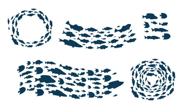 Vector illustration of School of fish. Black silhouette of underwater animals. Sea and ocean tuna floating in shoal swirl. Colony of marine creatures. Vector circle and border elements set in nautical style