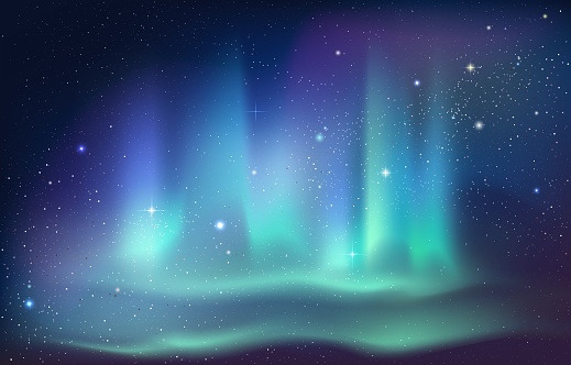 Aurora Borealis background. Arctic and Antarctic polar night sky with stars and glowing Northern light. Vibrant green blue and purple gradient magic effect on black. Vector winter night illustration