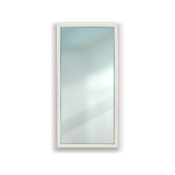 욕실을위한 현실적인 직사각형 거울. 벽에 매달려 흰색 사각형 프레임홈 반사 표면. 방 가구 3d 요소. 벡터 기하학적 모양 화장실 또는 침실 가구 - mirror stock illustrations
