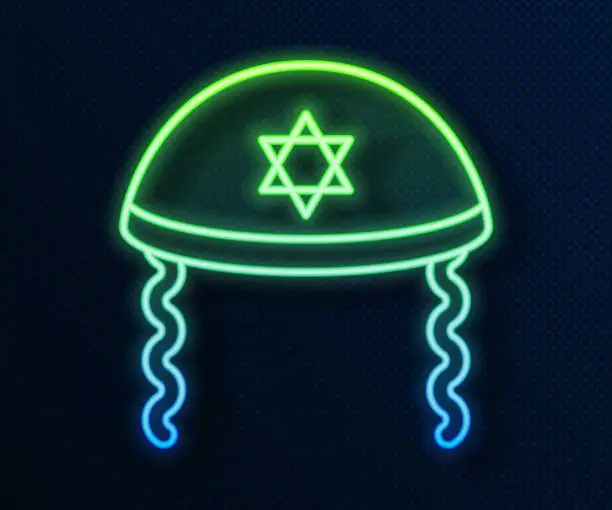 Vector illustration of Glowing neon line Jewish kippah with star of david and sidelocks icon isolated on blue background. Jewish yarmulke hat. Vector